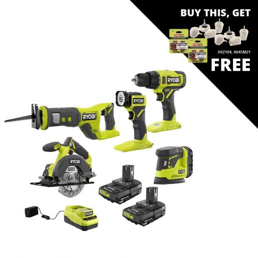 Household Tool Set Bundle with Ryobi Drill, 18-Volt Battery