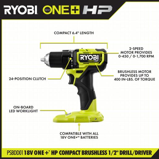 RYOBI 18V ONE+ HP Compact Brushless Right Angle Drill Kit